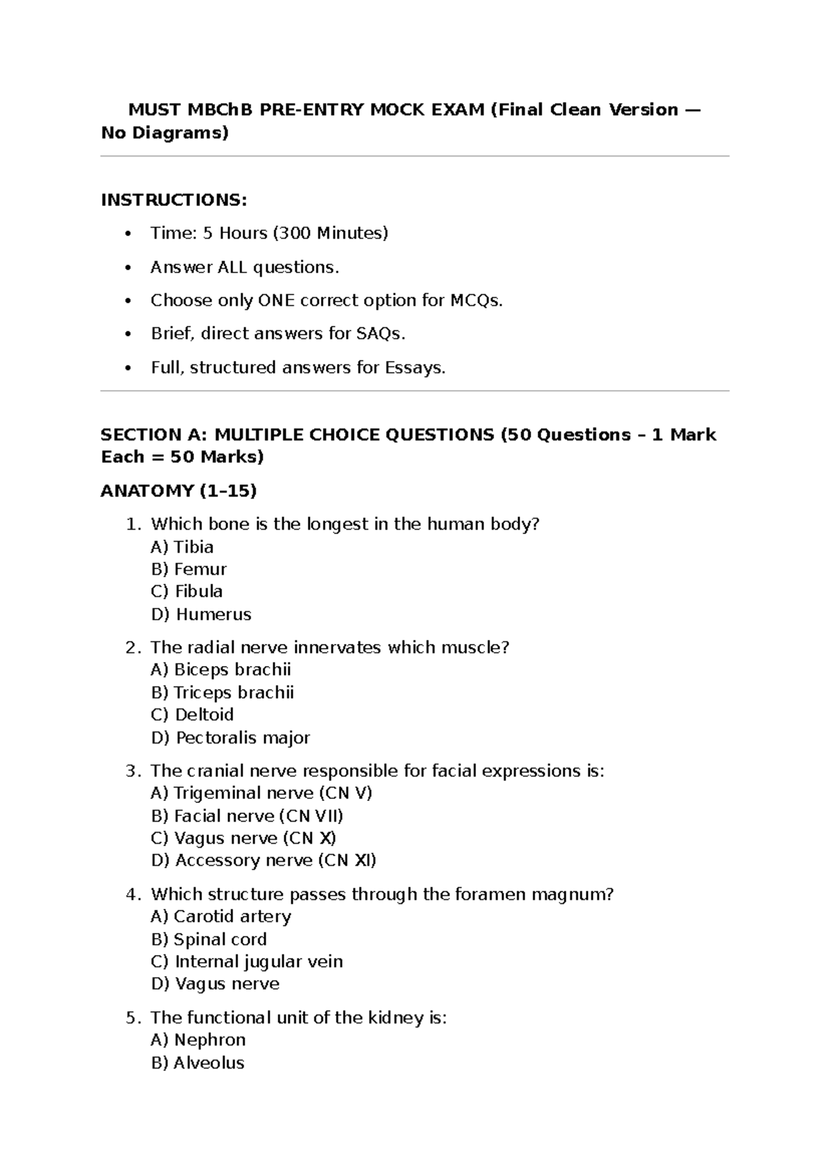 MBChB PRE-ENTRY MOCK EXAM (Final Clean Version - No Diagrams) - Studocu