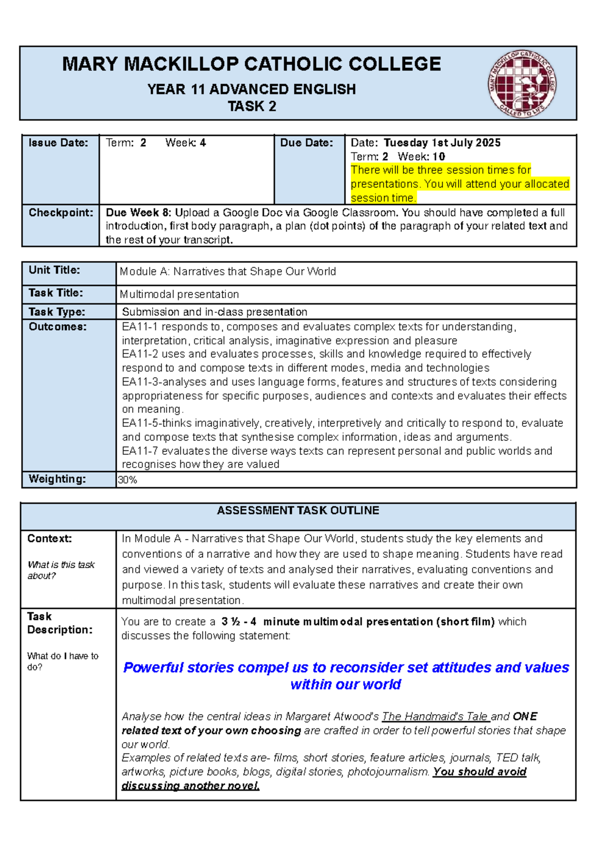 2025 Year 11 Advanced English Task 2: Multimodal Presentation Guide ...