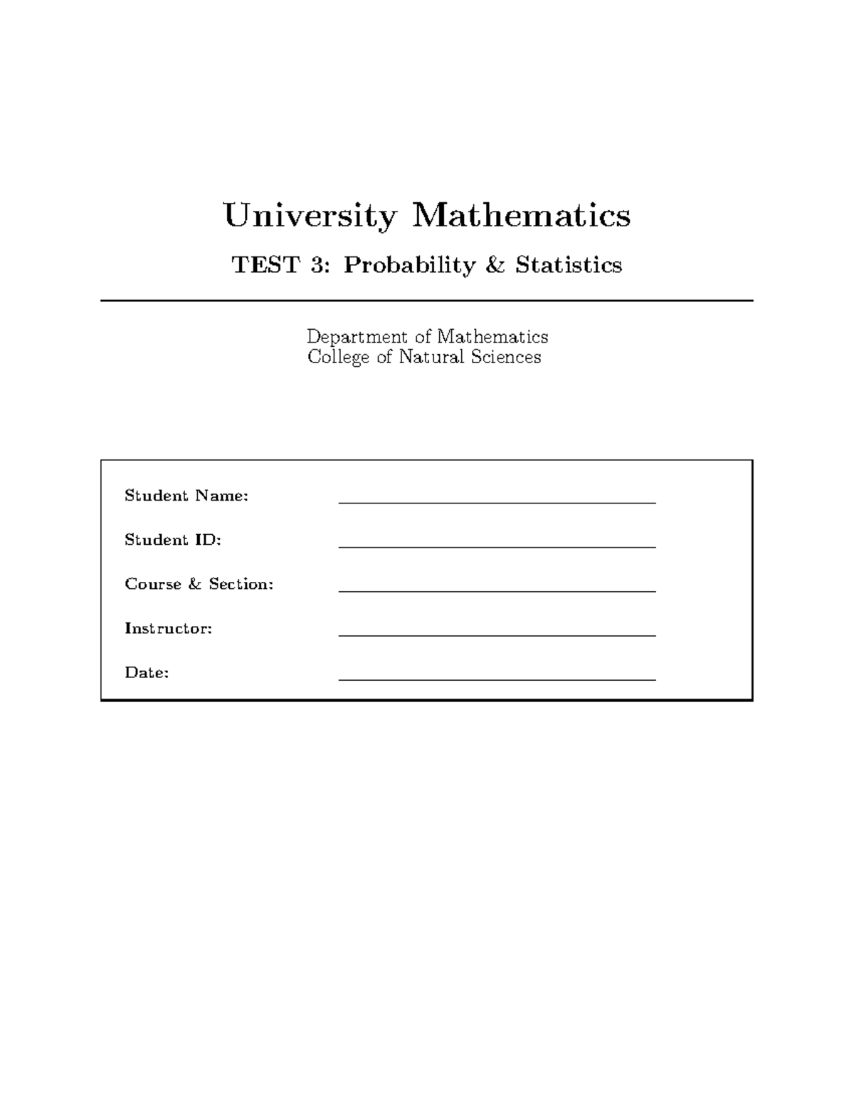 University Mathematics TEST 3: Probability & Statistics Analysis - Studocu