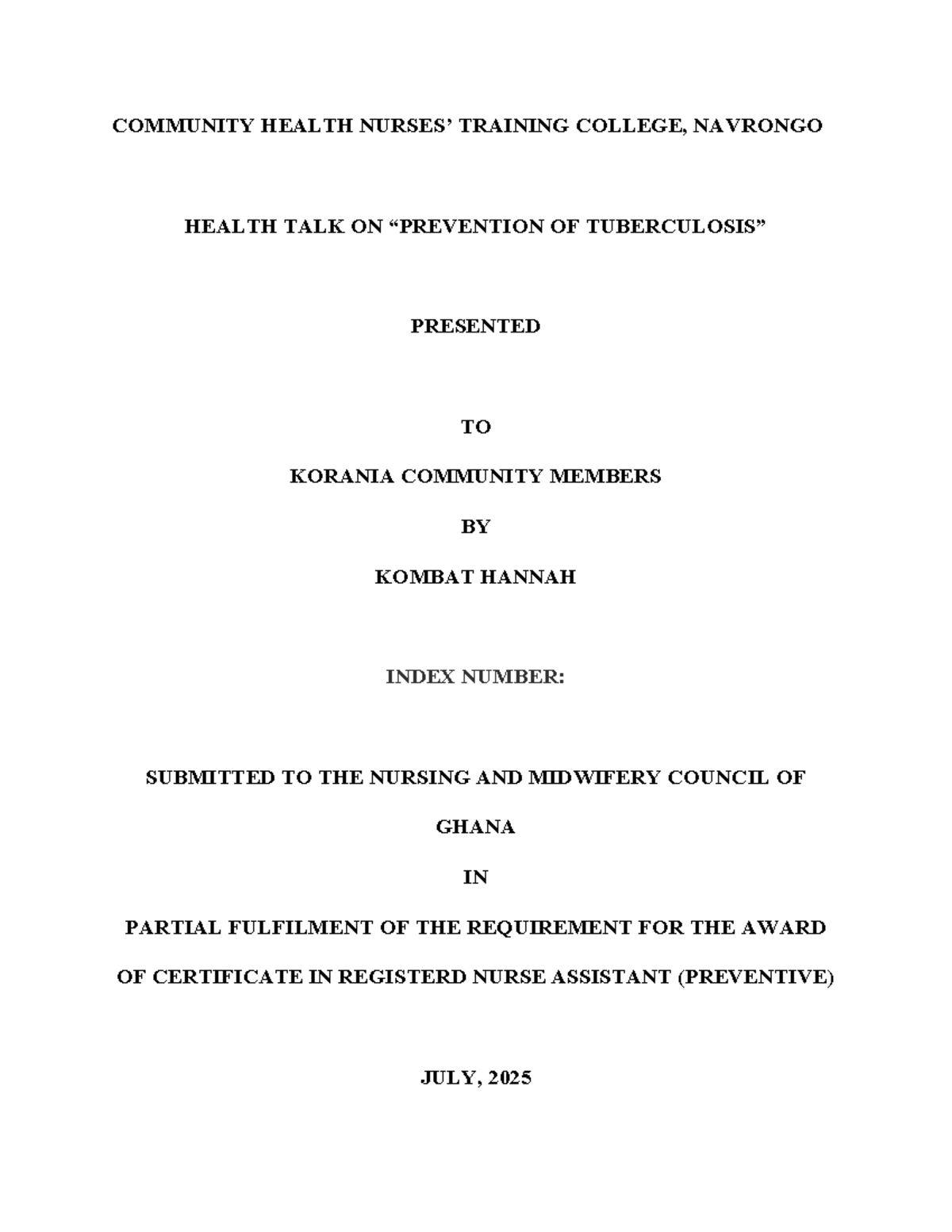Community Health Training College: Health Talk on Tuberculosis ...