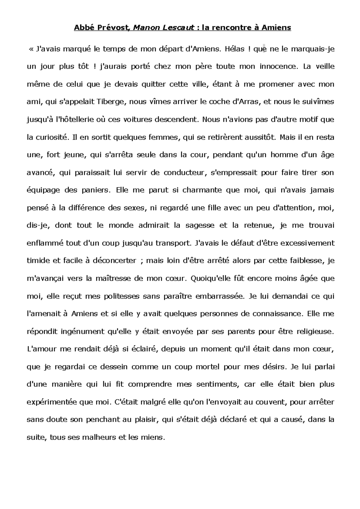 Analyse de la rencontre amoureuse dans Manon Lescaut - Texte et ...