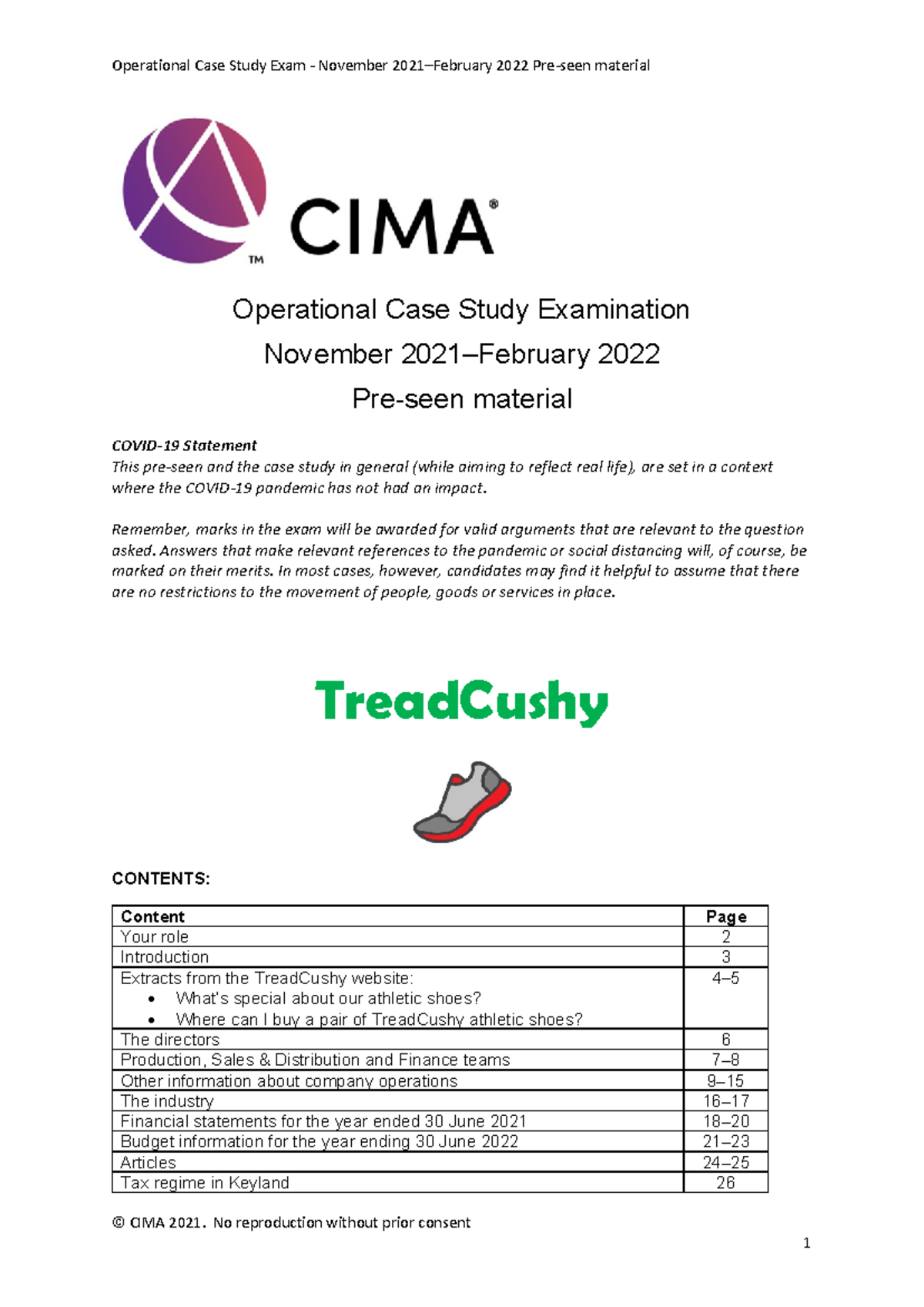 CIMA Operational Case Study: TreadCushy Analysis (Nov 2021 - Feb 2022 ...