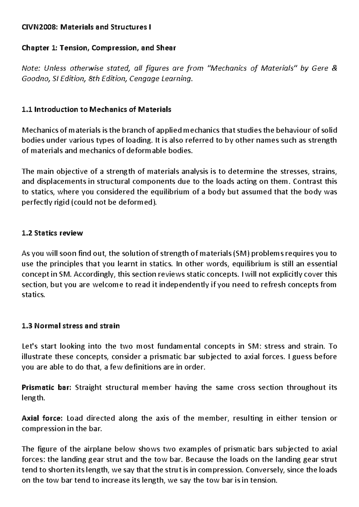 CIVN2008: Materials and Structures I Chapter 1 - Mechanics of Materials ...