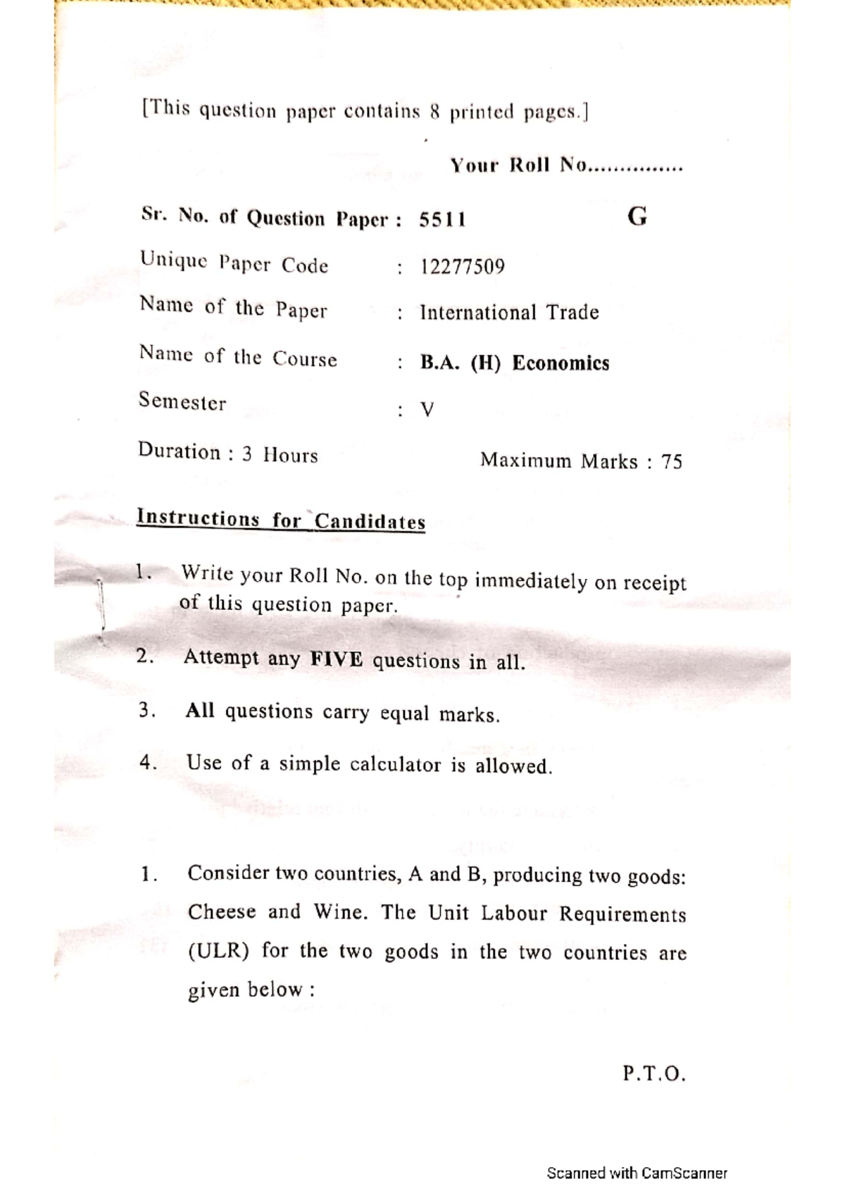 International Trade Exam Paper - B.A. (H) Economics Sem V - Studocu