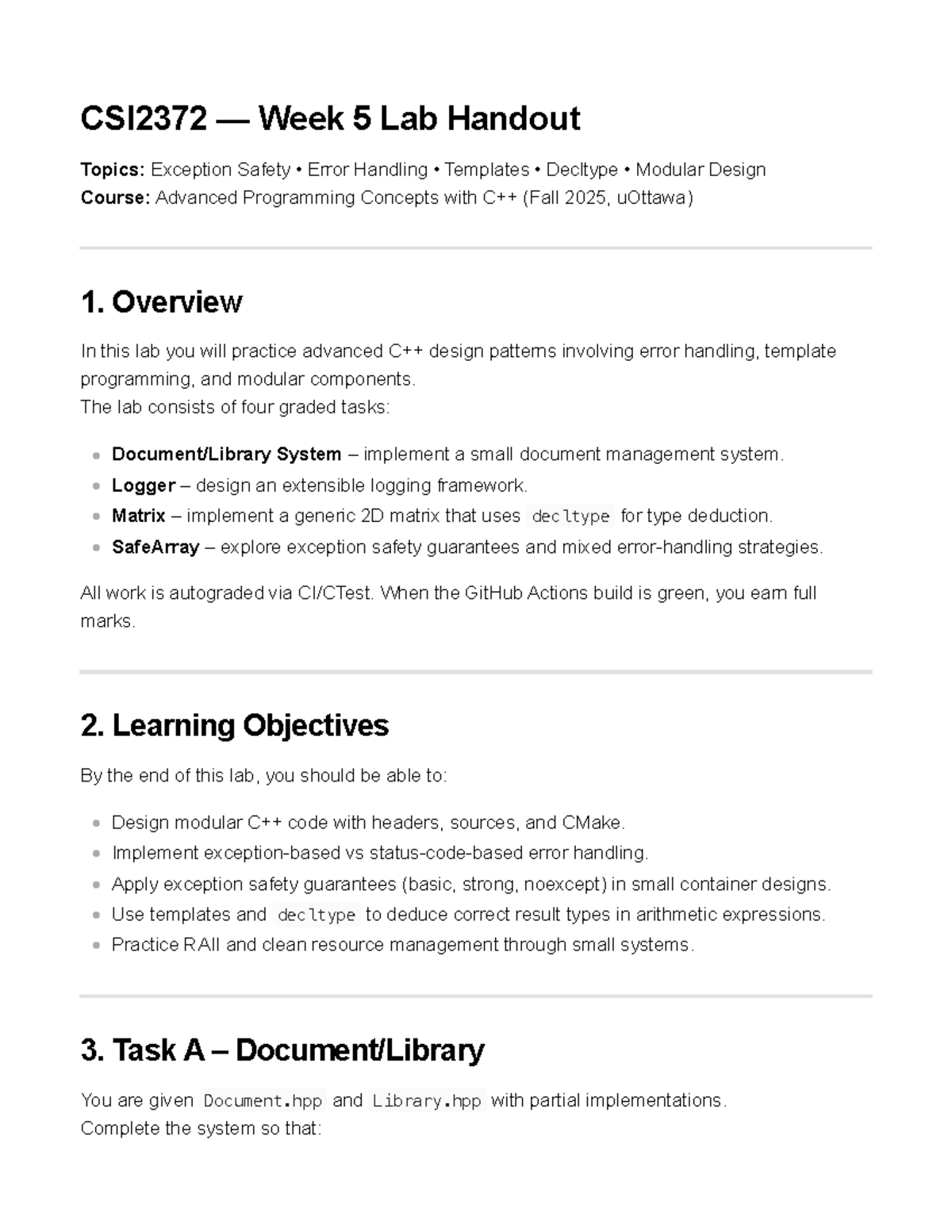 CSI2372 Week 5 Lab: Exception Safety & Modular Design Concepts - Studocu