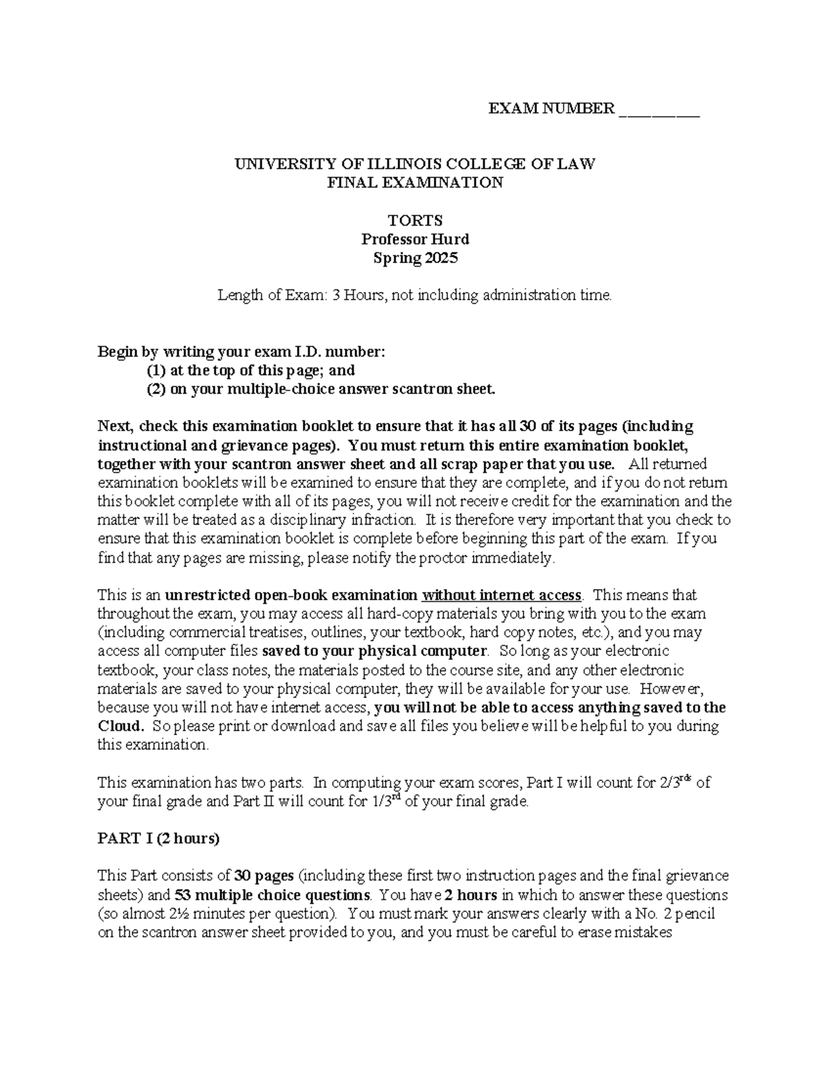 TORTS 2025 FINAL EXAM INSTRUCTIONS - PROFESSOR HURD - Studocu