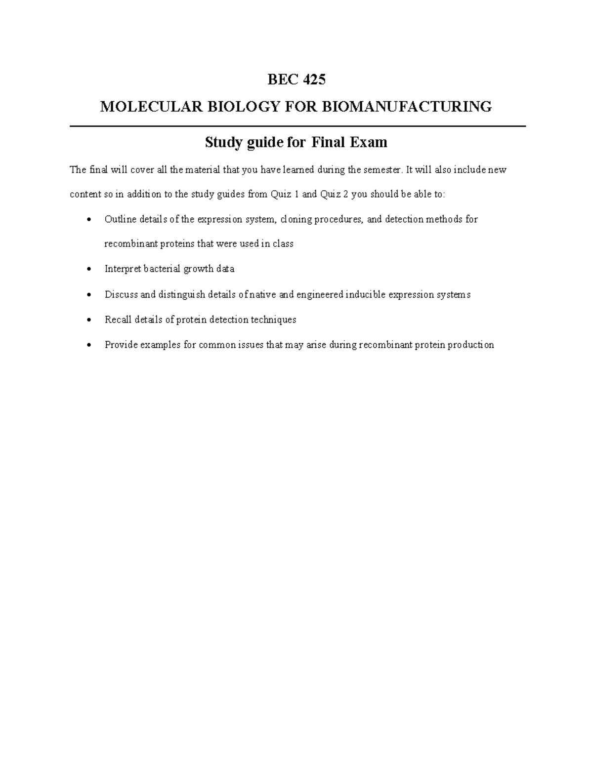BEC 425 Final Exam Study Guide: Molecular Biology for Biomanufacturing ...