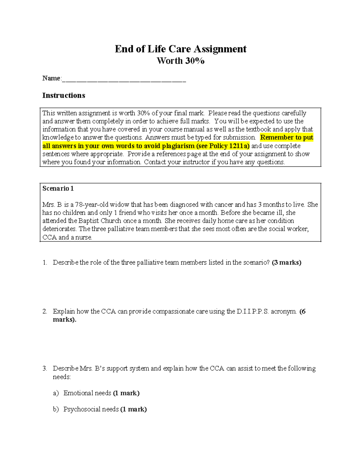 SPCR 102 End of Life Care Assignment Guidelines and Scenarios - Studocu