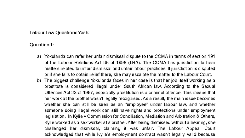 Labour Law Questions: Unfair Dismissal & Rights of Sex Workers - Studocu