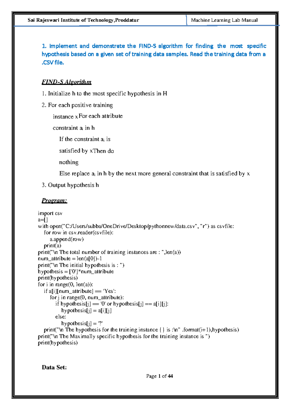 ML LAB Manual - ####### Page 1 of 44 1. Implement and demonstrate the ...