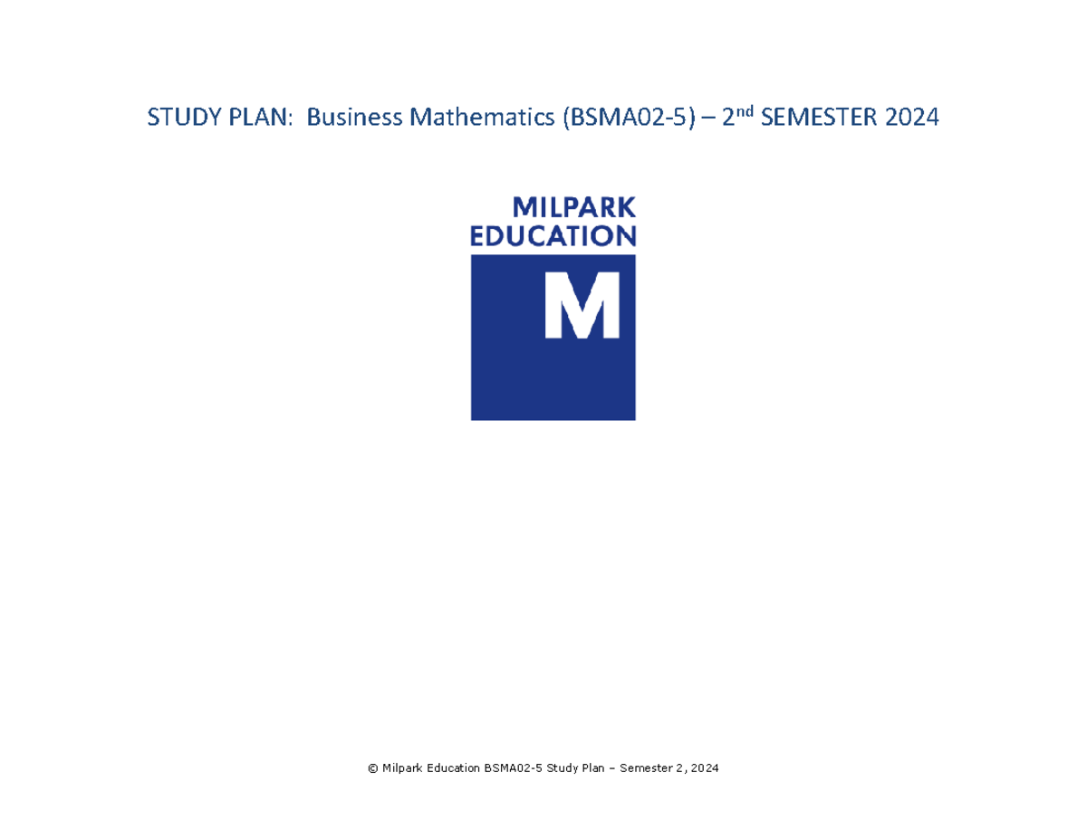 Study Plan BSMA02-5-6 DL: Business Mathematics Semester 2, 2024 - Studocu