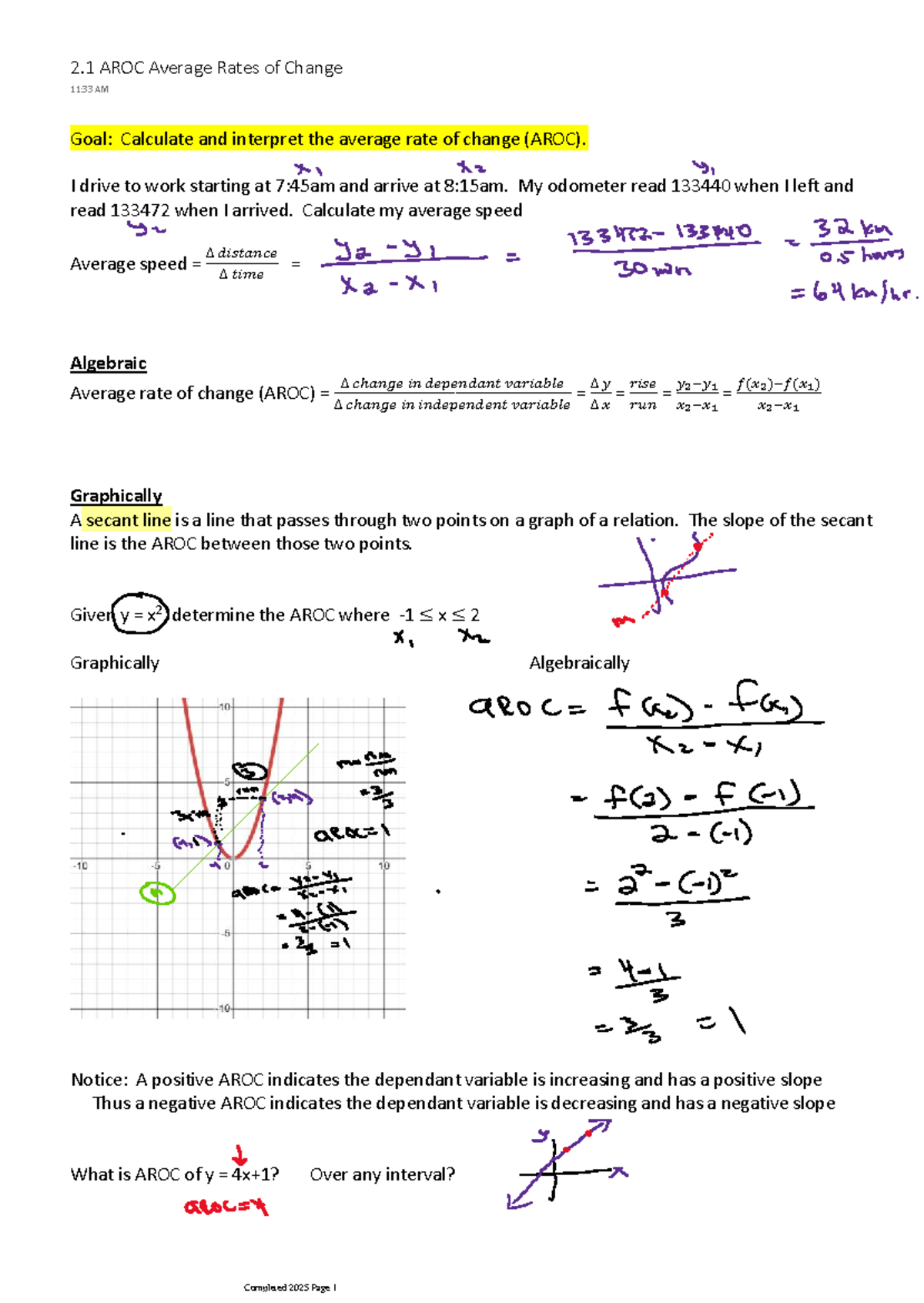 Calculating Average Rate of Change (AROC) - Lesson Notes - Studocu
