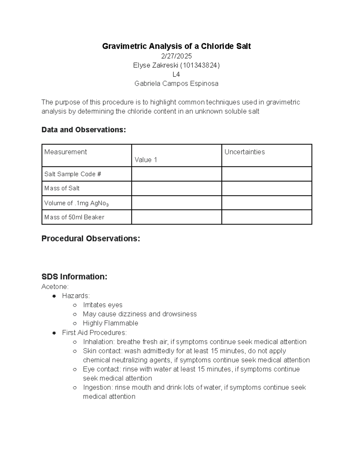 G prelab report - Gravimetric Analysis of a Chloride Salt 2/27/ Elyse ...