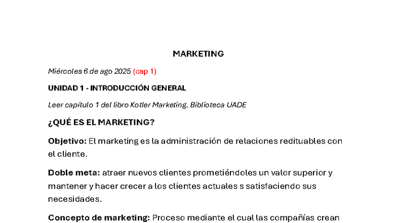 Marketing UADE: Unidad 1 - Introducción General y Conceptos Clave - Studocu