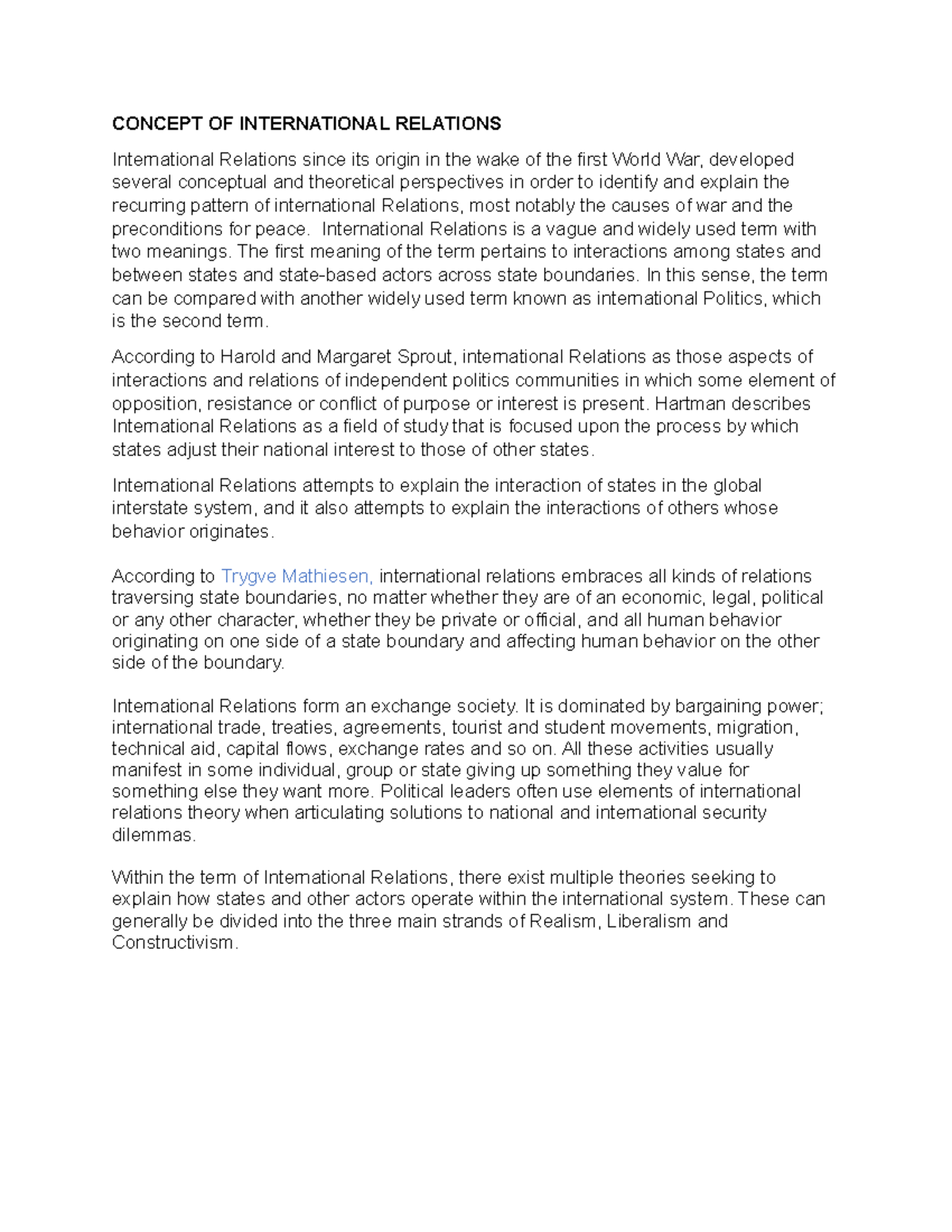 Introduction to International Relations: Concepts and Theories - Studocu