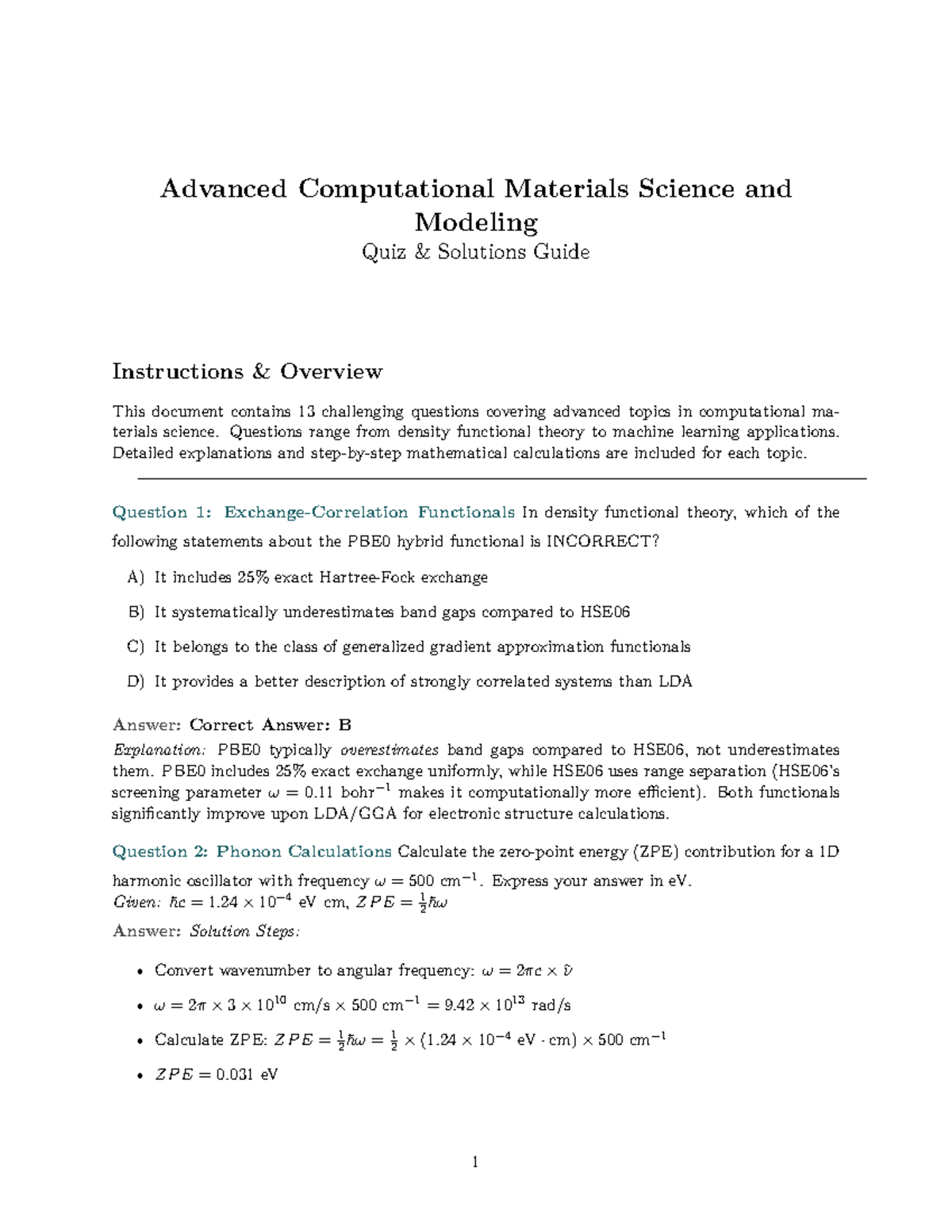 Advanced Computational Materials Science Quiz Solutions (Course Code ...