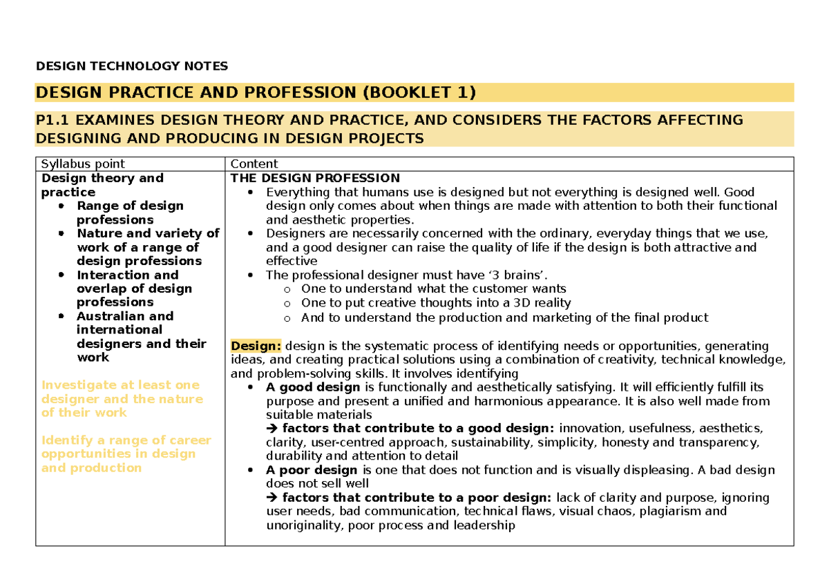 Preliminary Design Technology Notes: Theory, Practice & Professions (P1 ...