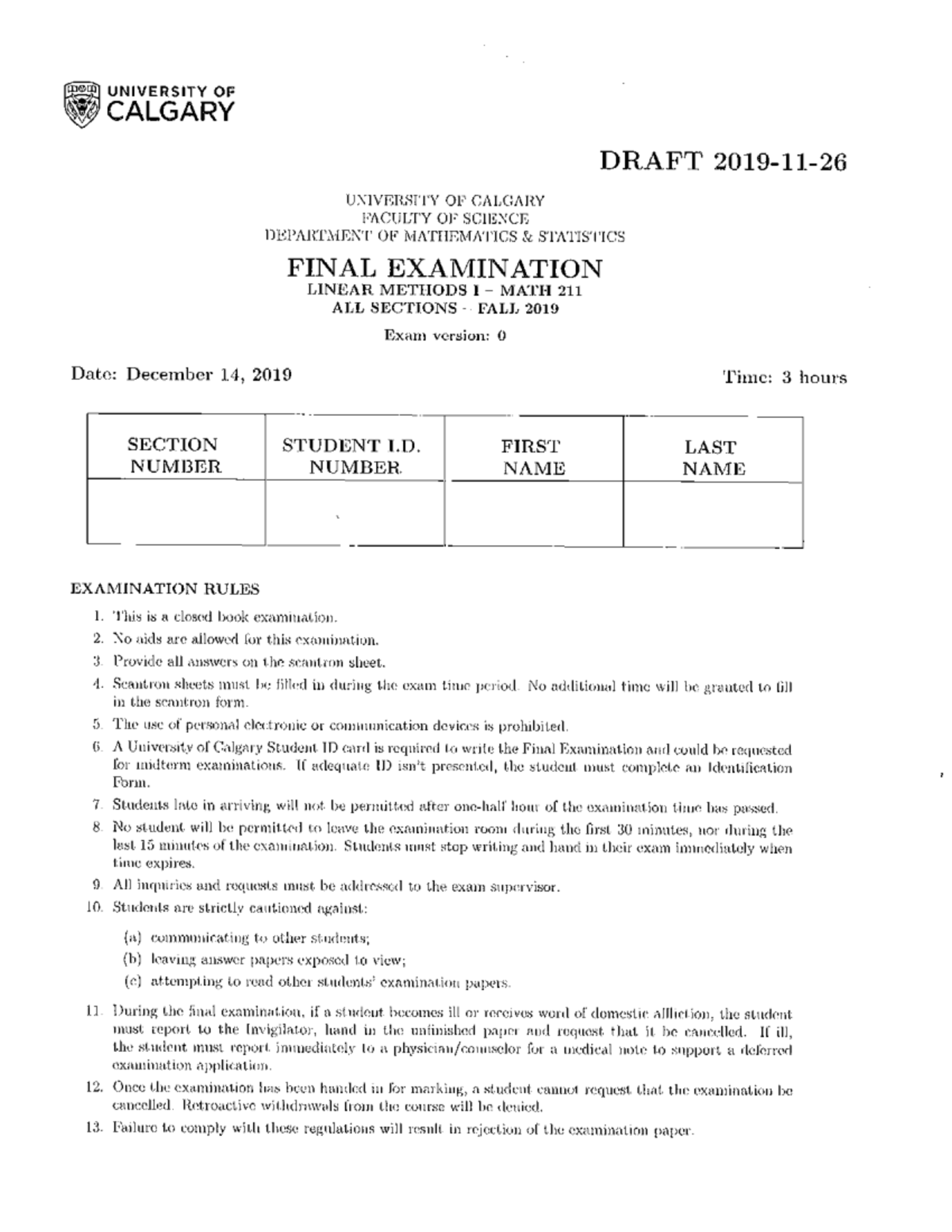 U Calgary MATH 211 Final Exam Solutions - Fall 2019 - Studocu