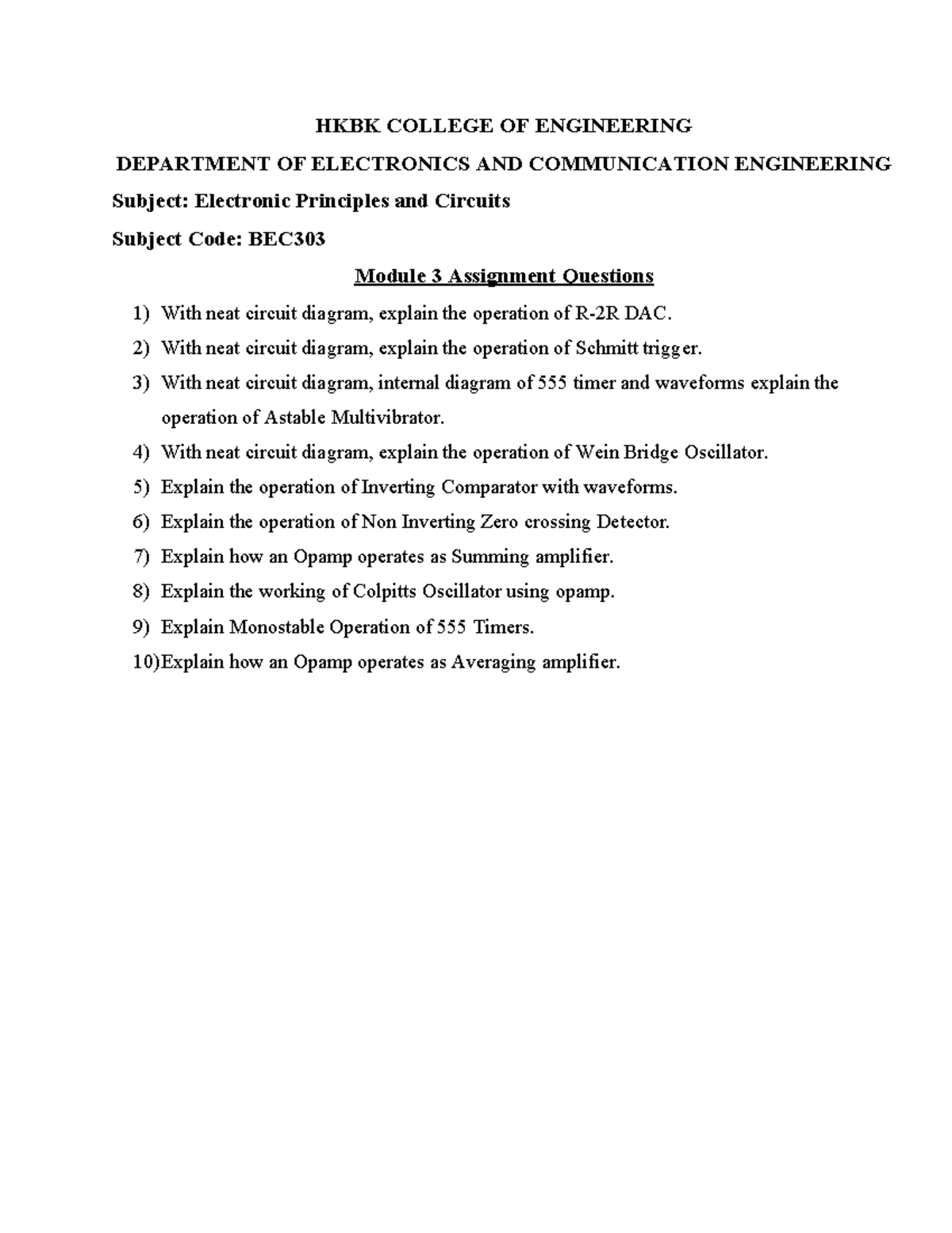 EPC Module 3 Assignment Questions - HKBK COLLEGE OF ENGINEERING ...