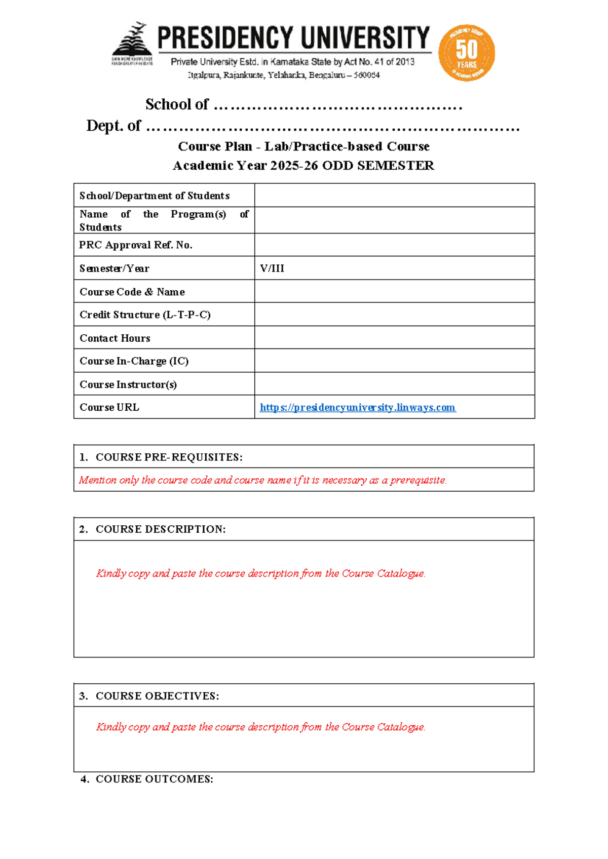 Lab Course Plan Format for Course Code [Insert Code] - ODD SEMESTER ...