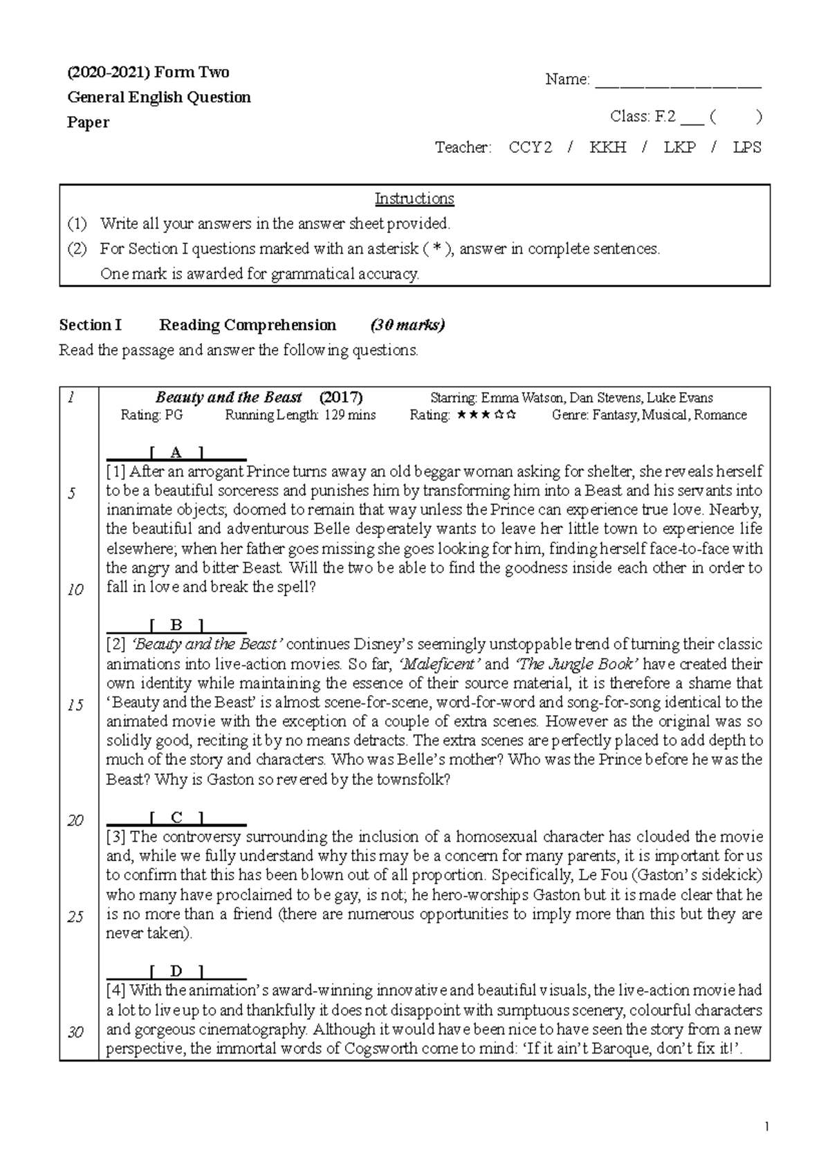 S2 Final Exam 2 - Form 2 English Paper Review and Comprehension - Studocu