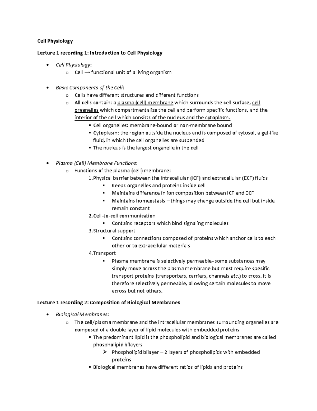 Study Notes- Cell Physiology - Cell Physiology Lecture 1 recording 1 ...