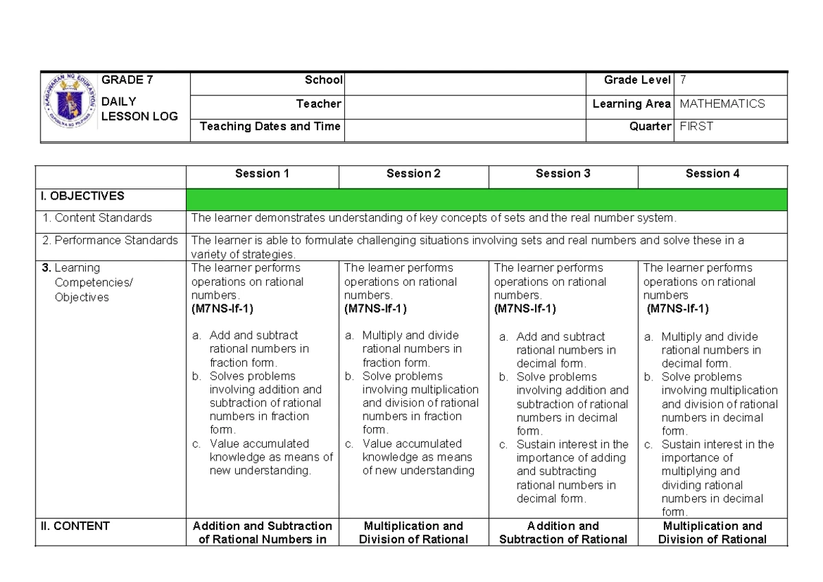 WEEK 8 - Math Lesson Log: Sets & Real Number Ordering - Studocu