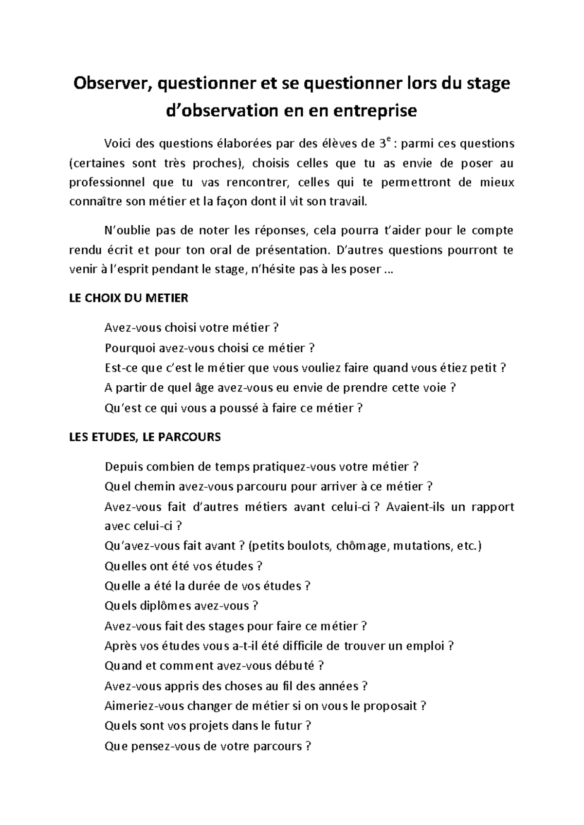J'observe un métier - Fiches d'aide pour stage en entreprise - Studocu