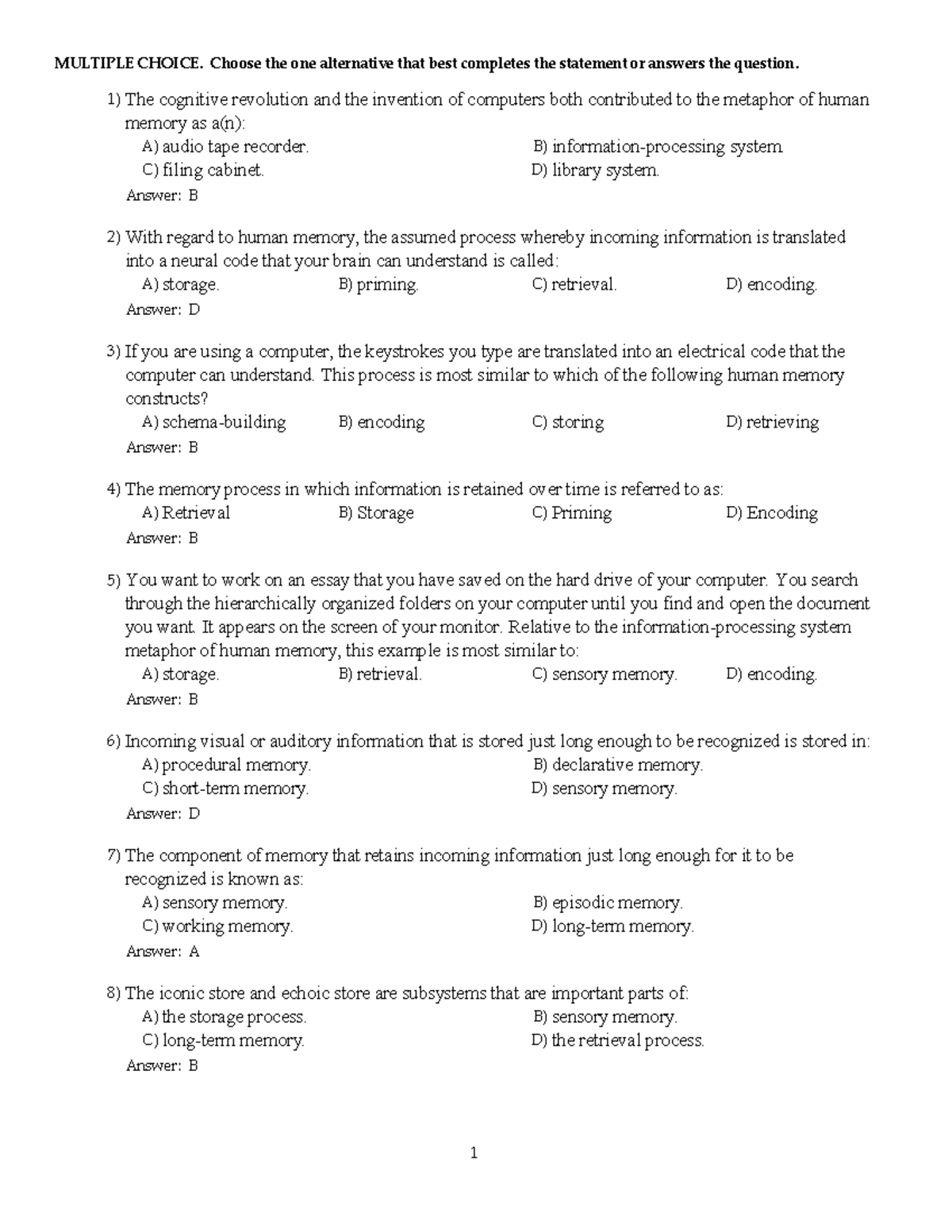 Chapter 8 Cognitive Memory Processes In Psych1000 Exam Prep Studocu
