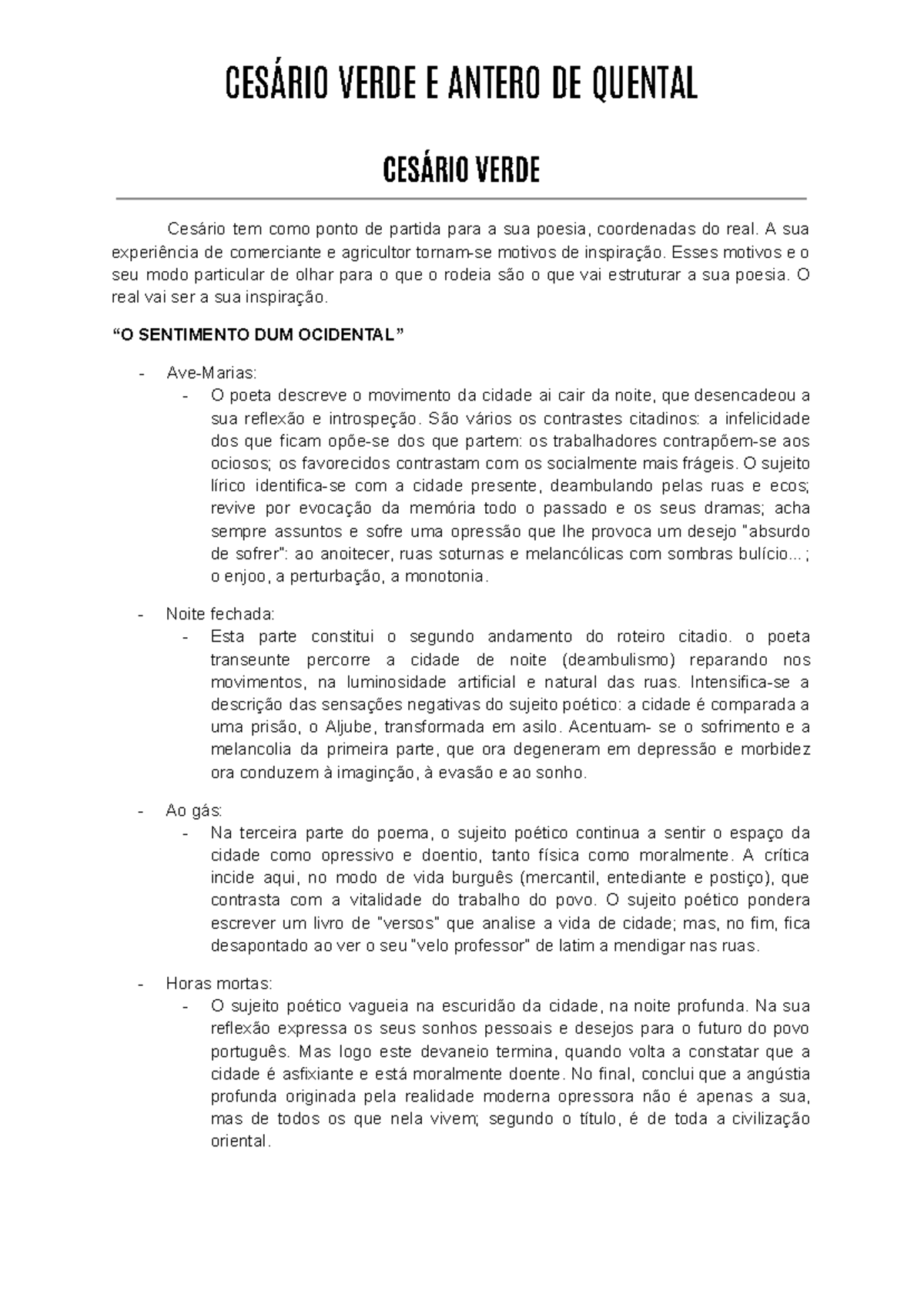 Resumos Sobre Ces rio Verde E Antero De Quental An lise Po tica Studocu