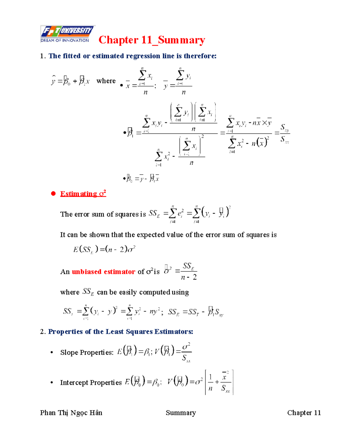 MAS291 Chapter 11 Regression Analysis and Hypothesis Testing Summary ...