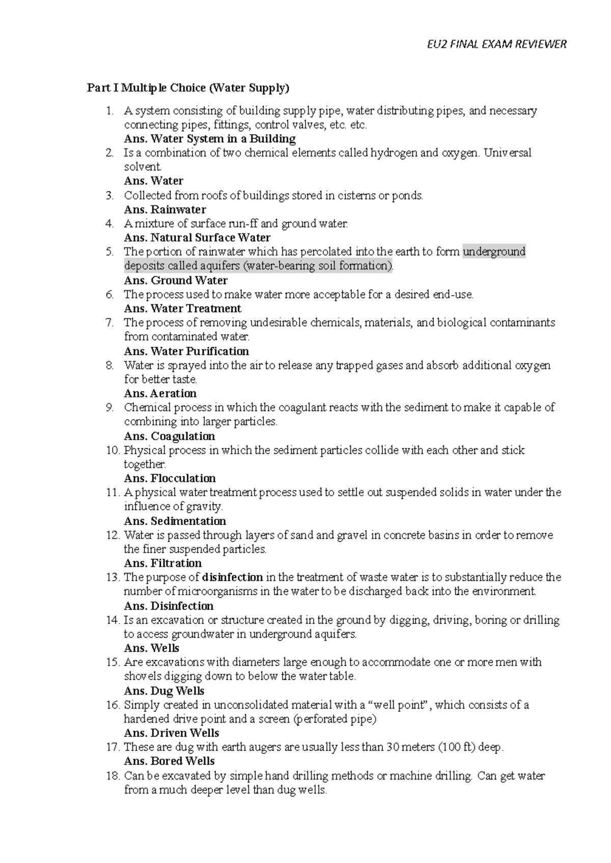 Water Supply Systems - Reviewer (Covers Multiple Choice & Enumeration ...