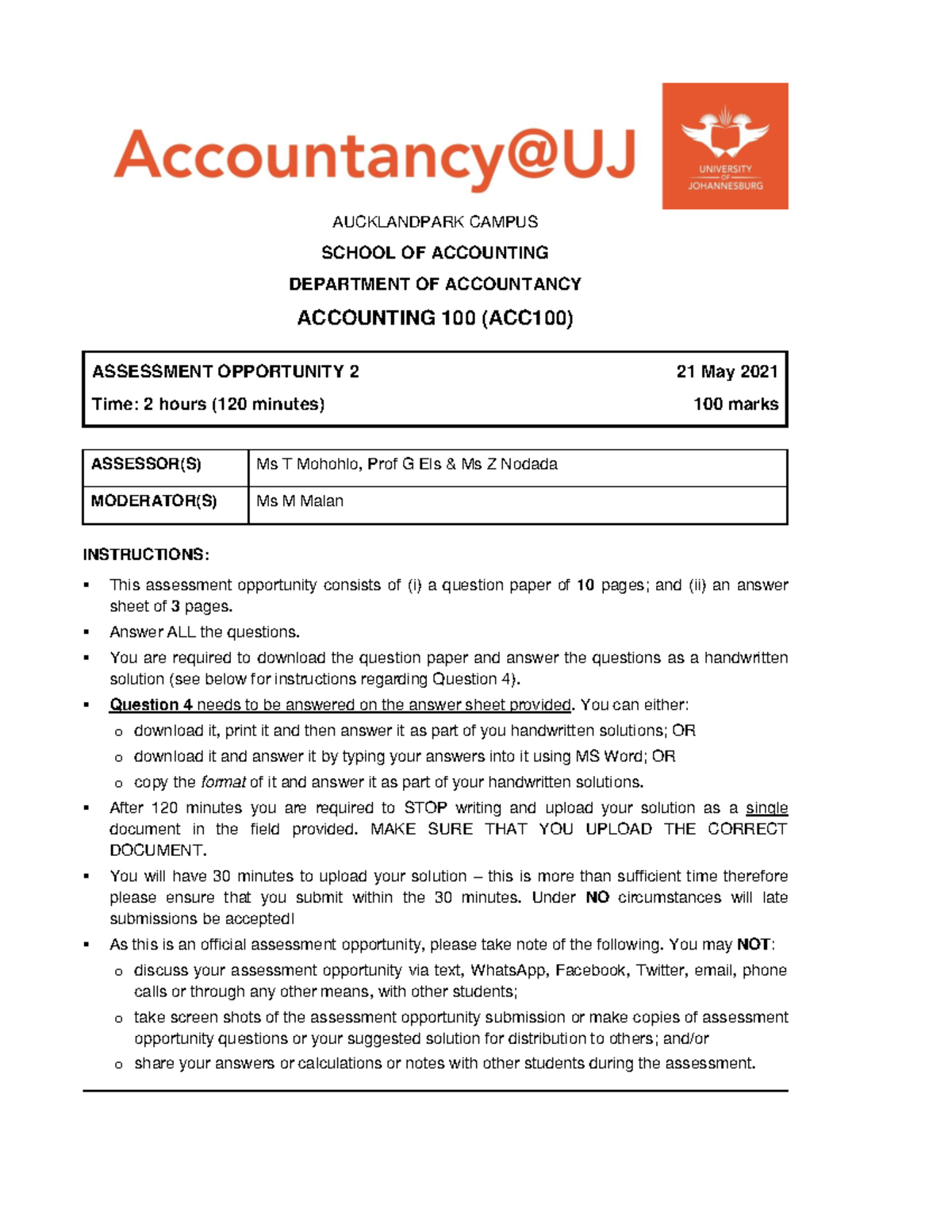 ACC100 AO2 2021 Question Paper: Essential Accounting Practices - Studocu