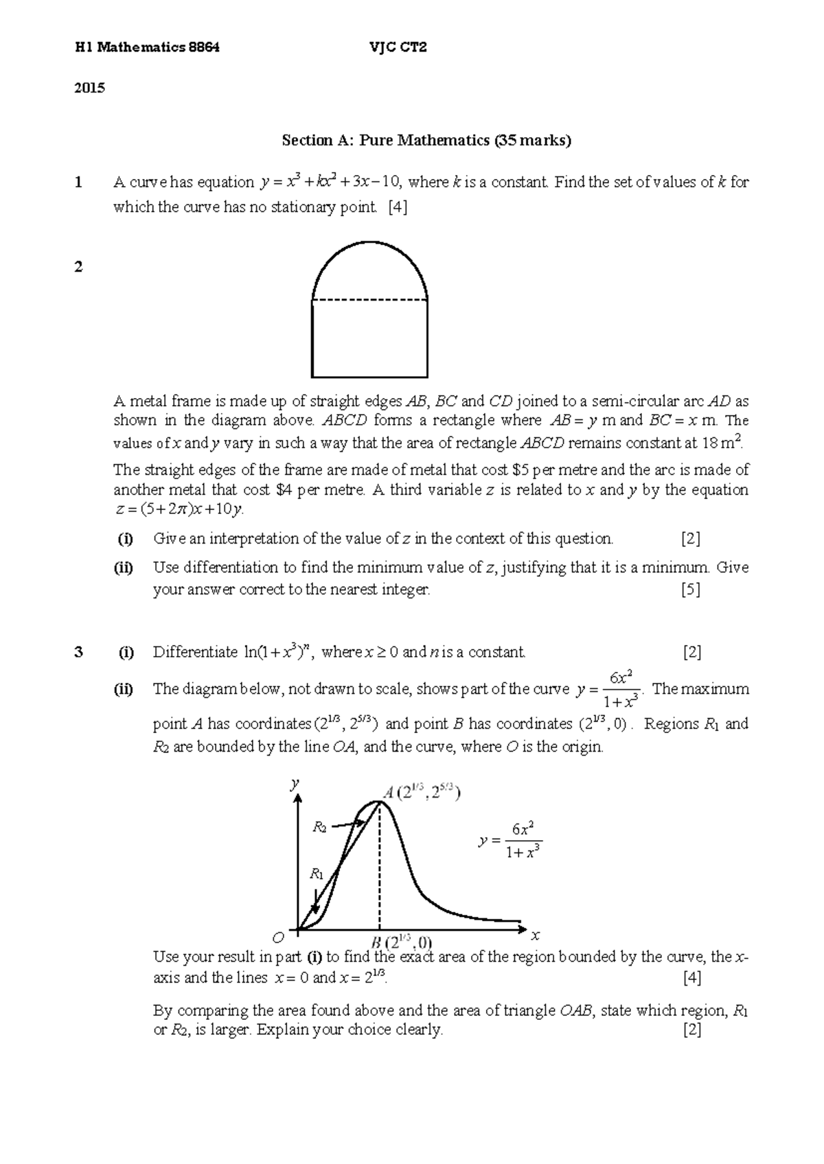 VJC H1 Mathematics 8864 CT2 2015-2016 Exam Questions - Studocu