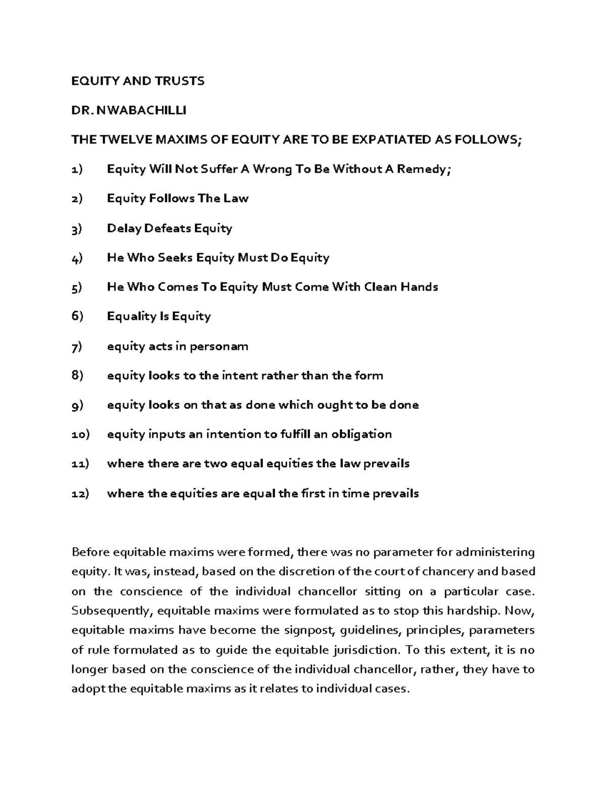 EQUITY AND TRUSTS: EXPLORING THE TWELVE MAXIMS OF EQUITY - Studocu