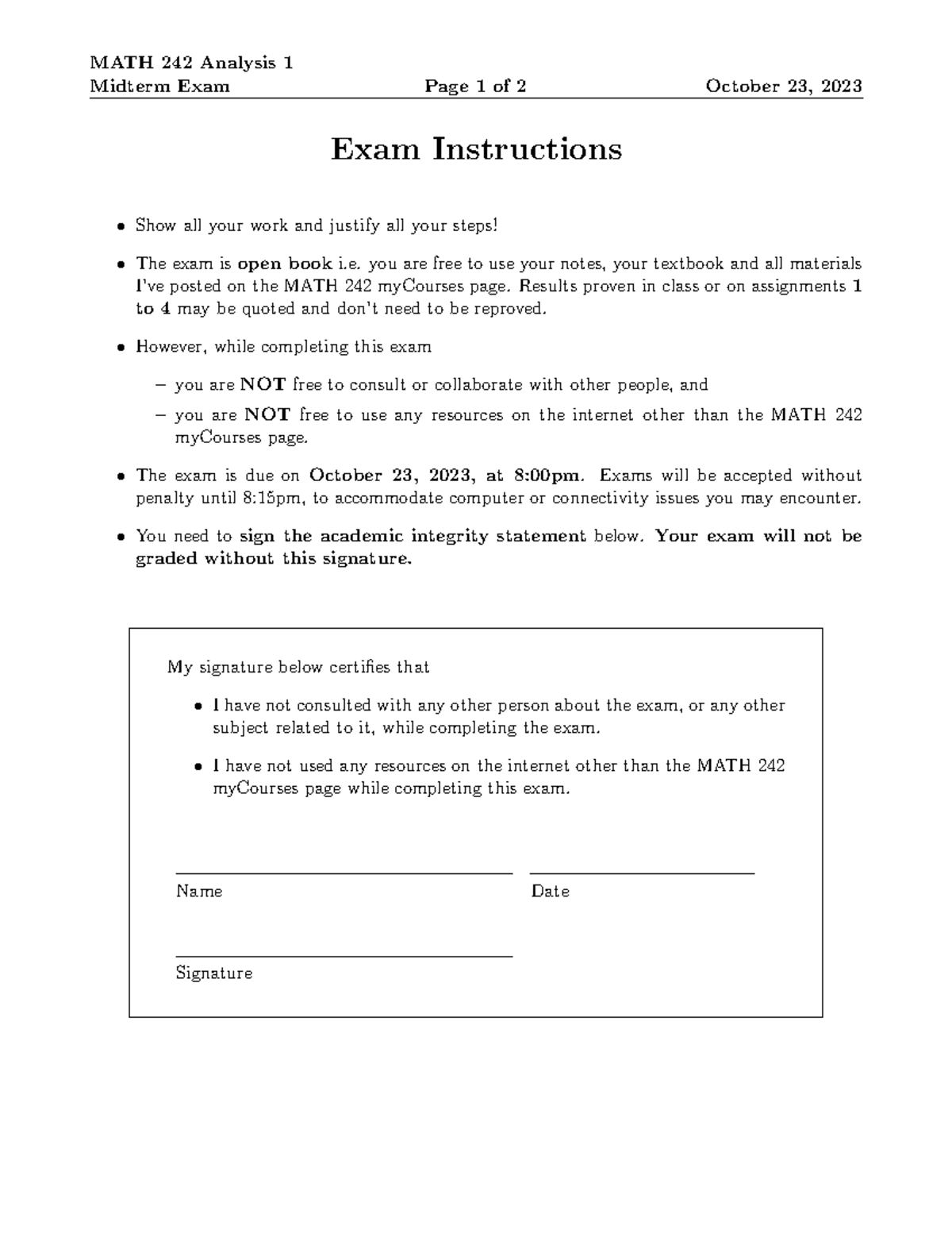 MATH 242 Midterm Exam - Analysis 1 Instructions and Questions - Studocu