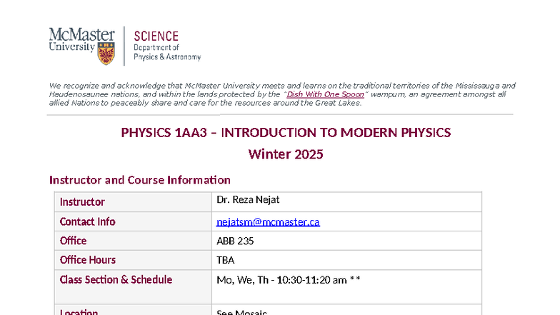Physics 1AA3: Introduction to Modern Physics Course Overview Winter ...