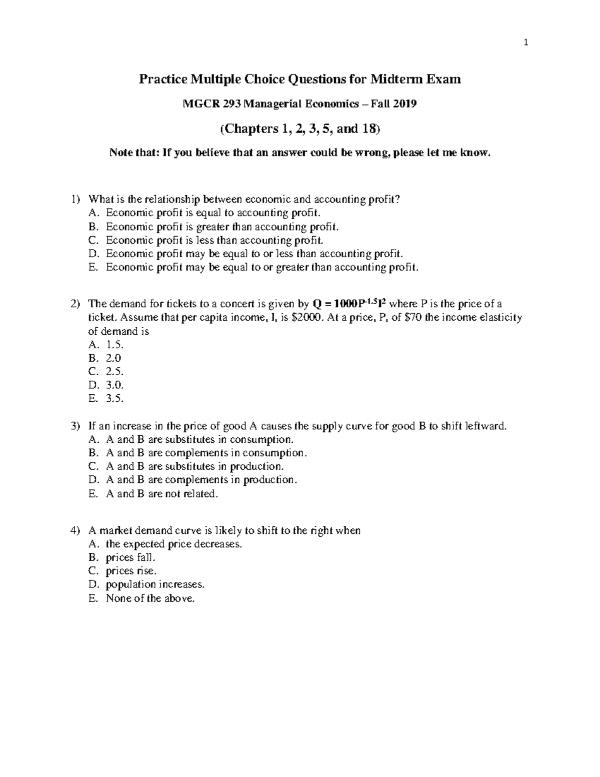 Midterm Exam MCQs for MGCR 293 Managerial Economics (Fall 2019) - Studocu