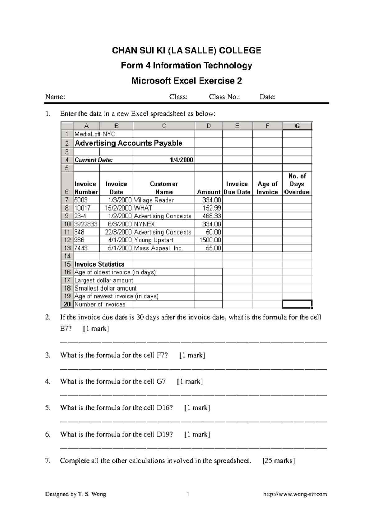 Form 4 IT Excel Exercise 2: Formulas and Calculations Guide - Studocu