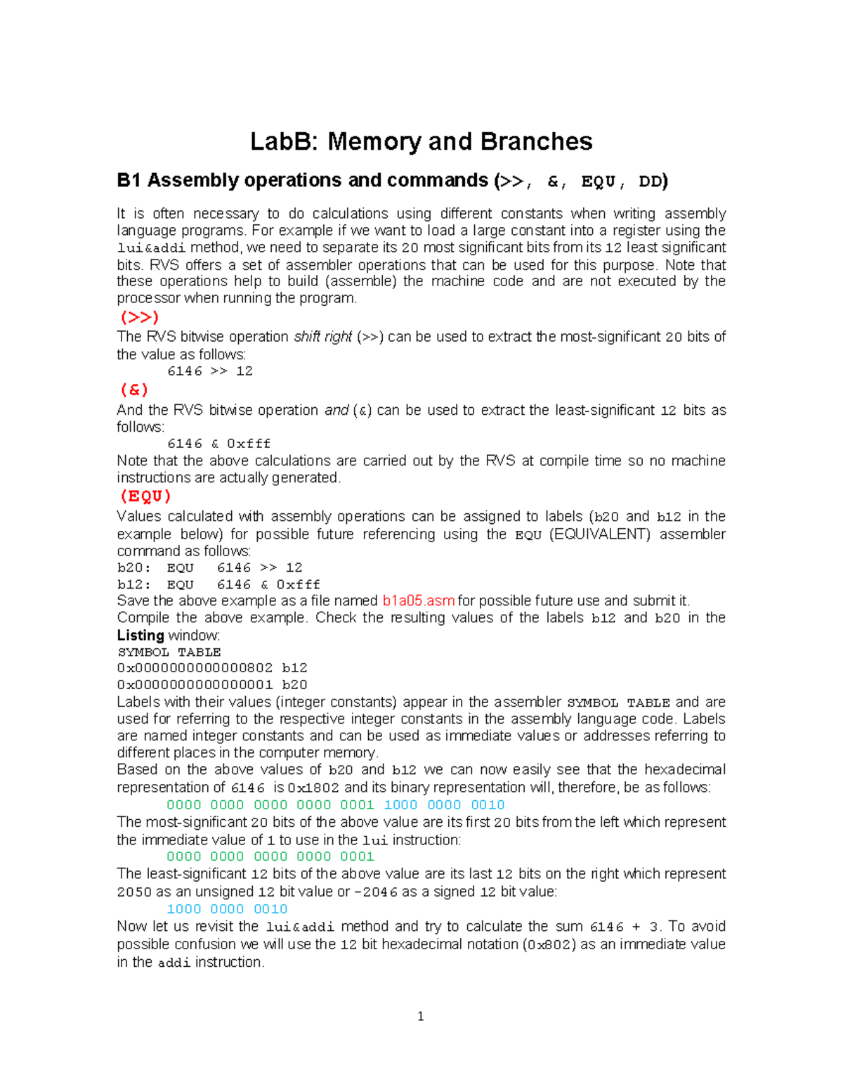 Lab B: Memory and Branches - Assembly Operations and Commands - Studocu