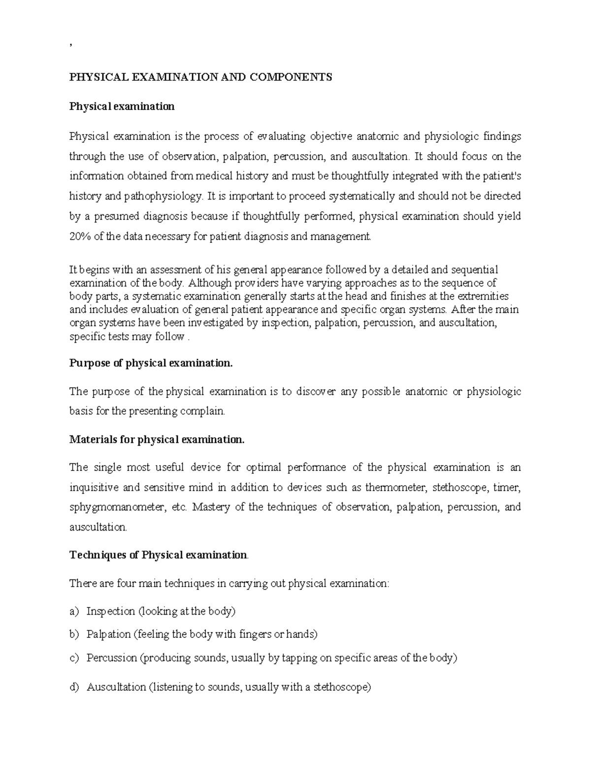 PHYS 101 Comprehensive Guide to Physical Examination Components Studocu
