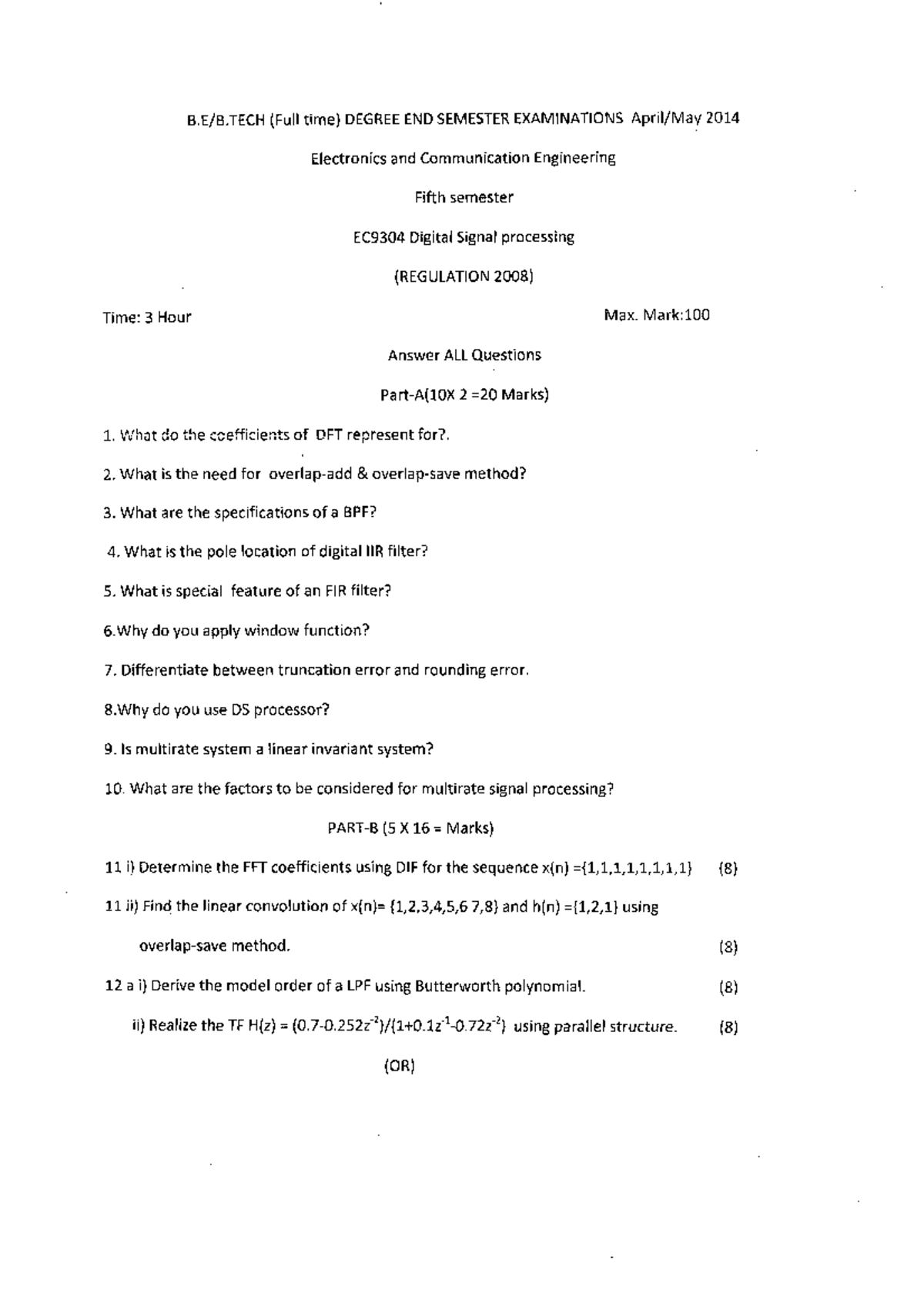 EC9304 End Semester Exam Question Paper: Digital Signal Processing 2014 ...