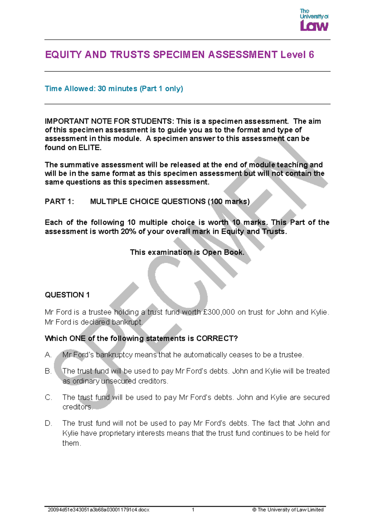 EQUITY AND TRUSTS 20094d51e343051a3b68a030011791c4 Specimen MCQ ...