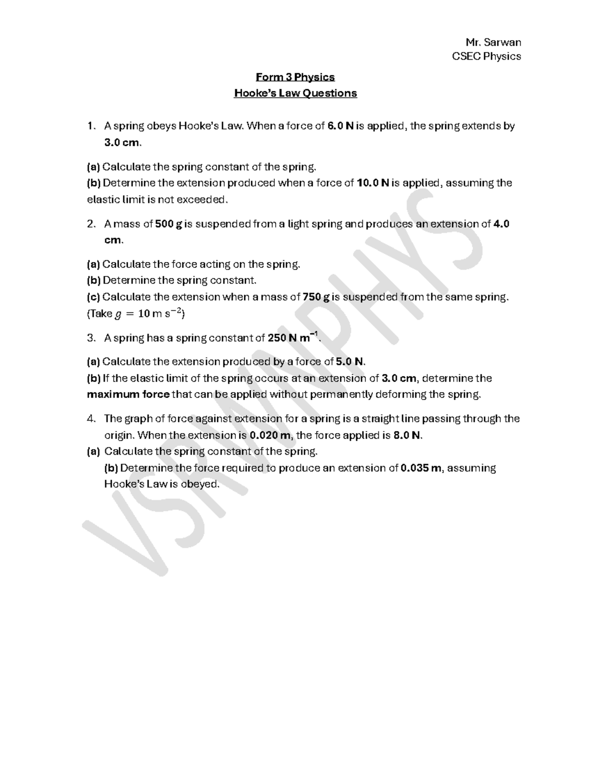 CSEC Physics Form 3 Hooke's Law Worksheet Questions - Studocu