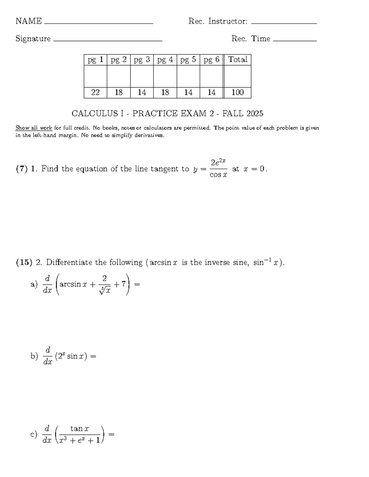 CALCULUS I - PRACTICE EXAM 2 - FALL 2025 - Studocu