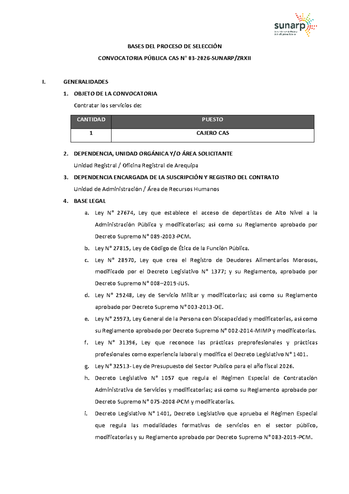 Bases del Proceso de Selección CAS I: Convocatoria para Cajero en ...
