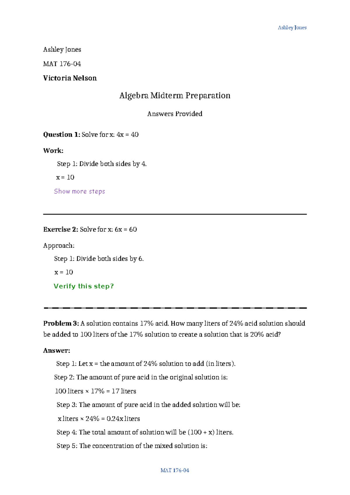 MATH 254-05 Algebra Midterm Prep: Solutions & Steps Explained - Studocu