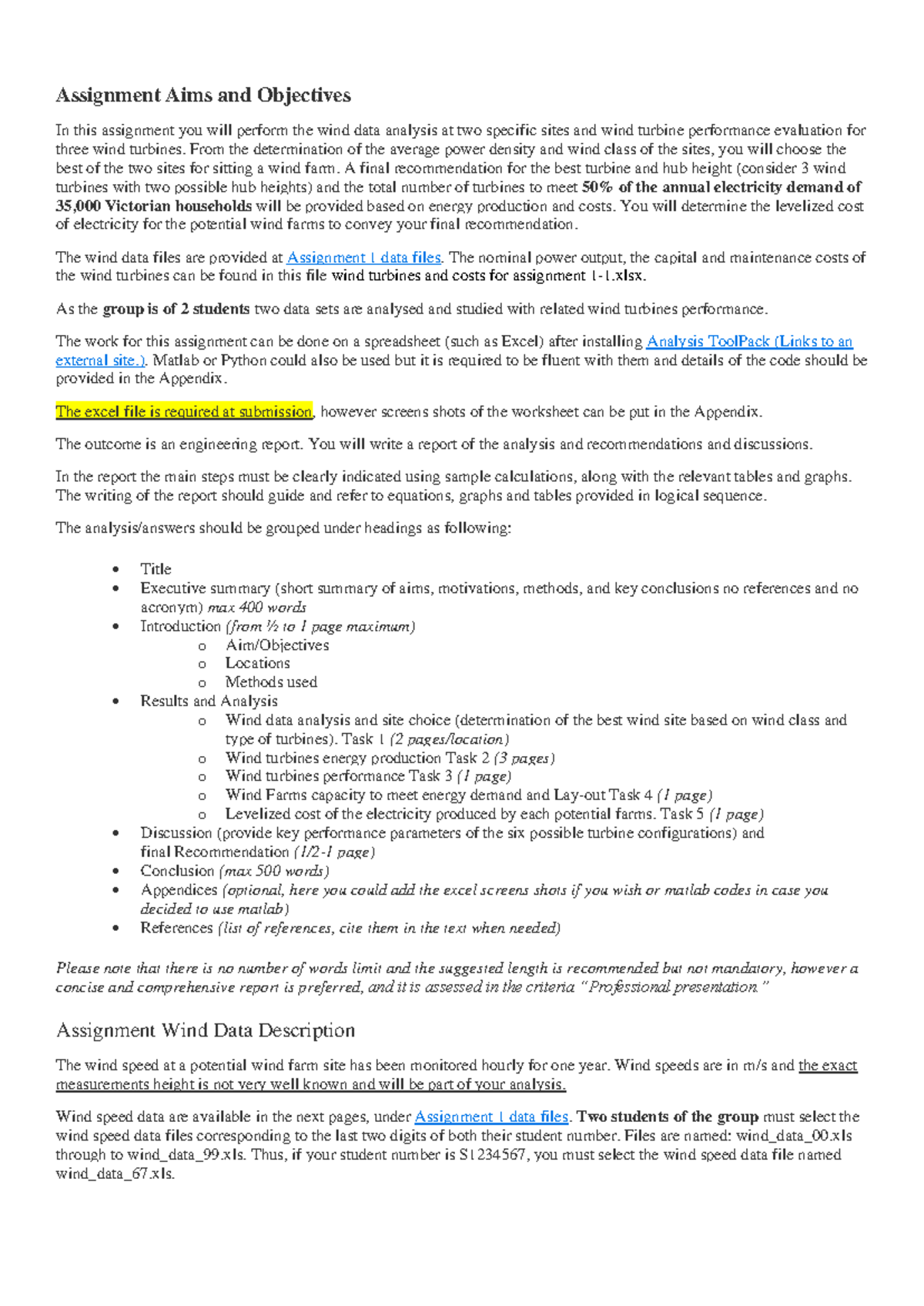 Assignment 1: Wind Data Analysis & Turbine Performance Evaluation - Studocu
