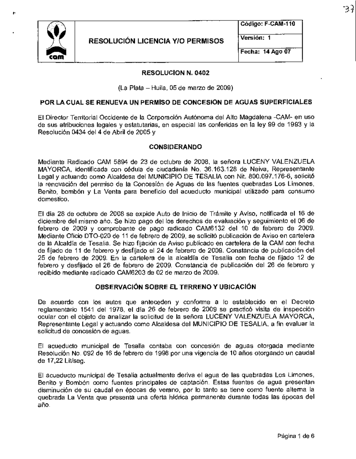 Renovación de Concesión de Aguas - C0110 - Resolución 0402 - Studocu