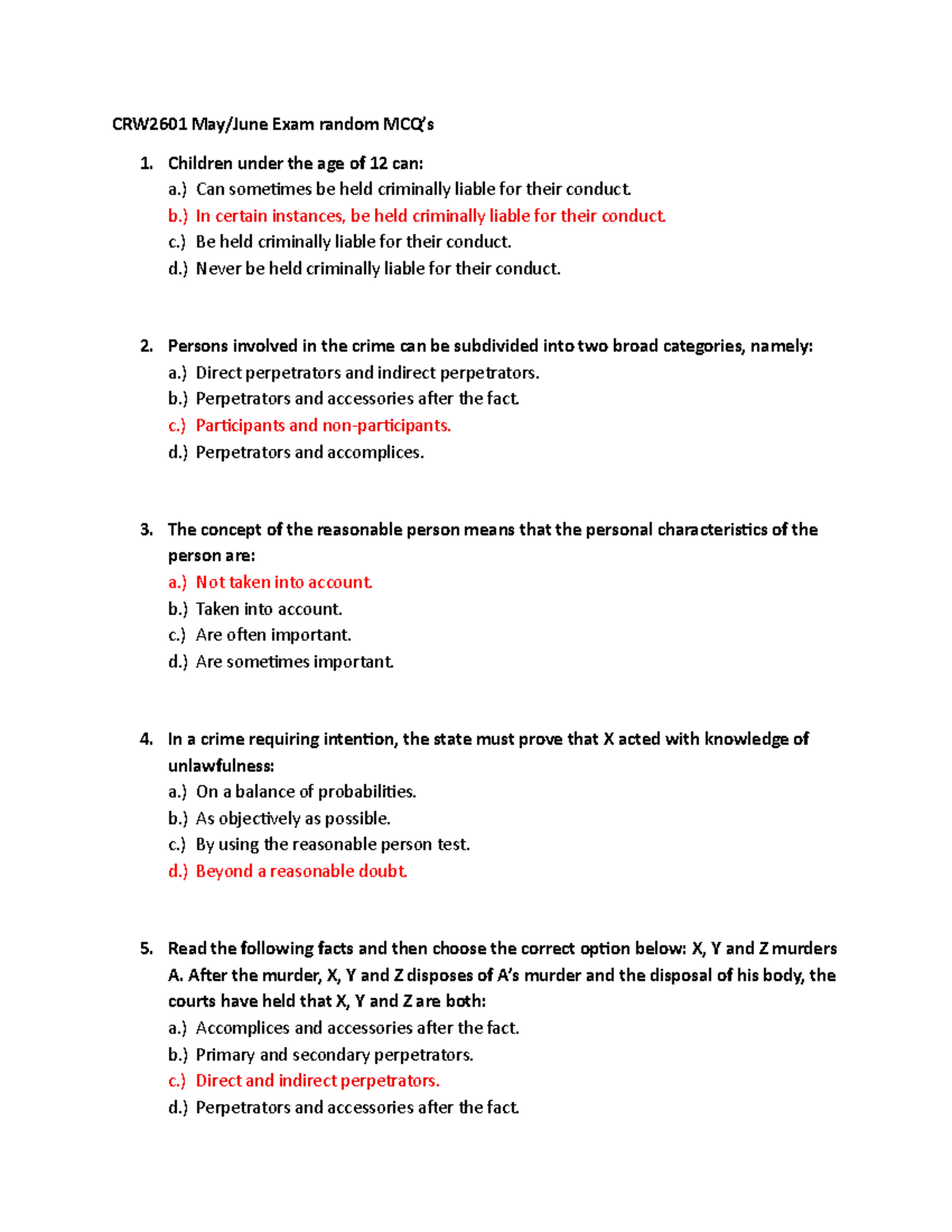 CRW2601 Final Exam MCQs on Criminal Liability and Defenses - Studocu